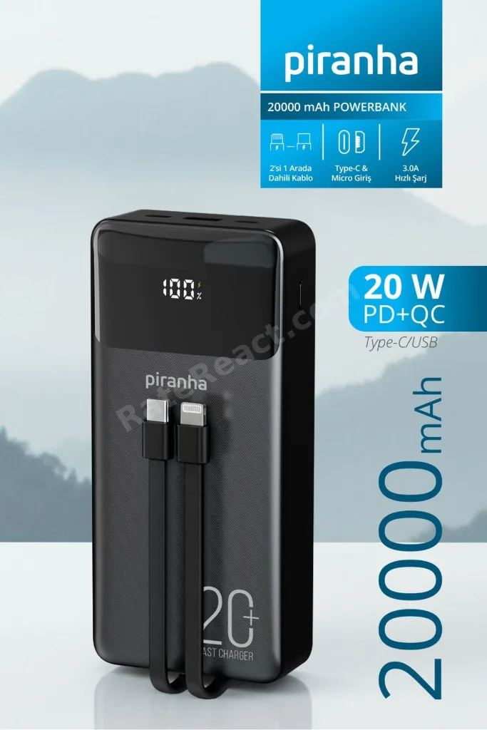 9047 20000 mAh Powerbank 20W PD+QC Hızlı Şarj | Dahili Kablolu Type-C & Lightning | LED Ekran Taşına