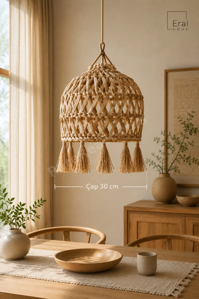 Dekoratif Rattan El Örmesi Hasır Tarz Tekli Sarkıt Avize 30 cm İskandinav Balkon Bahçe Salon