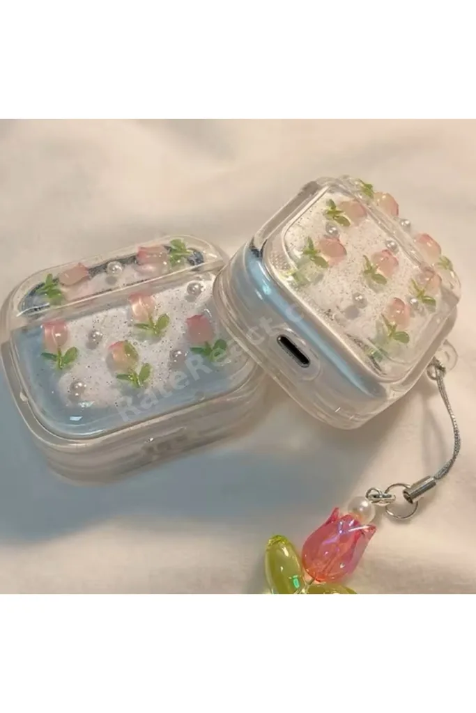 Airpods 4. Nesil Uyumlu Simli Lale Desenli Lale Kopçalı Kulaklık Kılıfı
