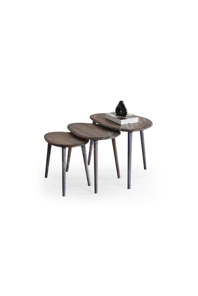 Masif Doğal Ahşap Zigon Sehpa 3'lü Set, Modern Masif Yan Sehpa
