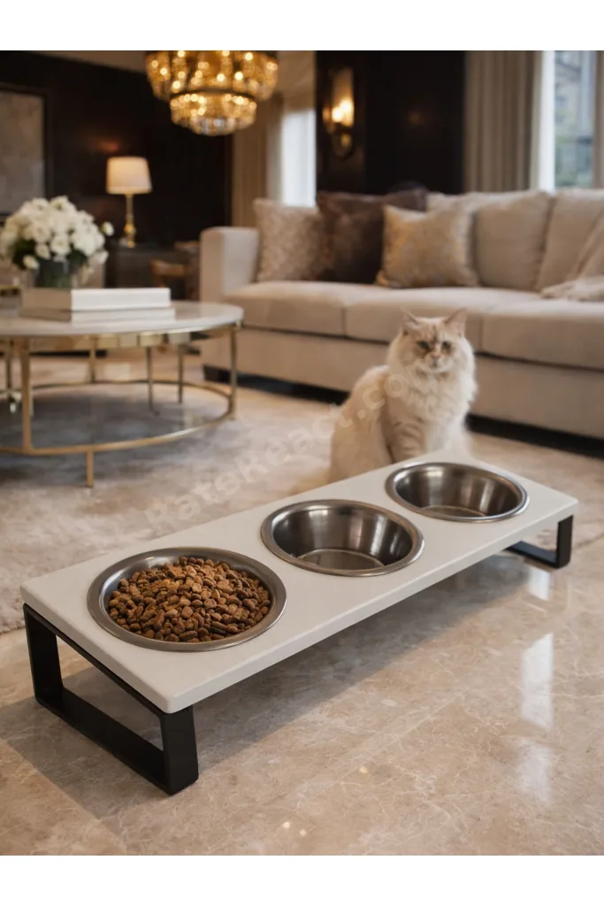 Kedi Mama Su Kabı Seti – 10° Eğimli Standlı 3’lü Çelik Mama Kabı, Kediler İçin