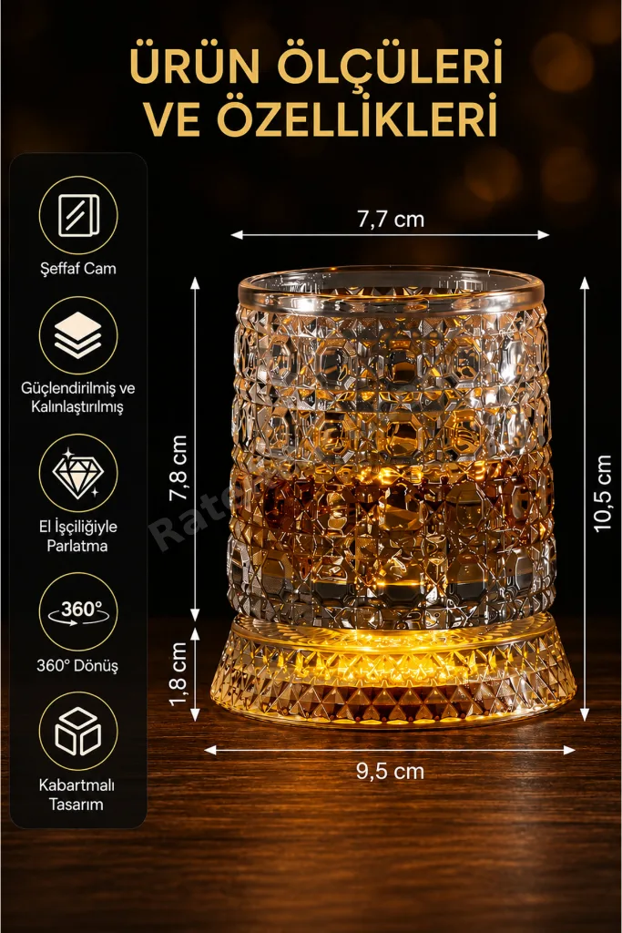 Dönen Viski Bardağı ve Özel Altlık – 360° Dönen Kristal Desenli Premium Kokteyl ve İçecek Bardağı