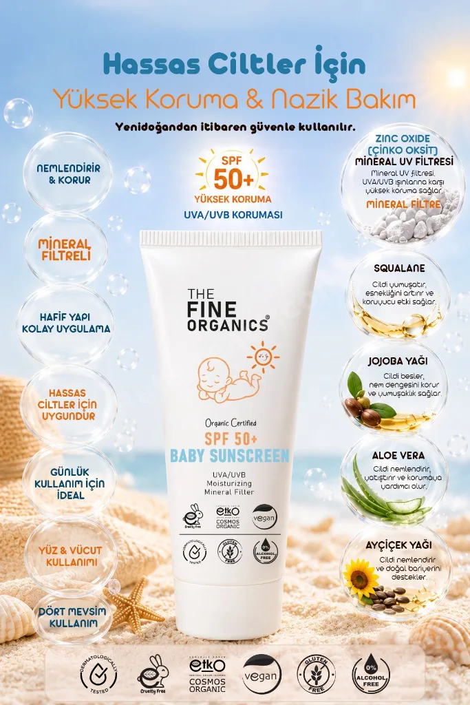 Organik Sertifikalı SPF 50+ UVA/UVB Mineral Filtreli Bebek Güneş Kremi, Vegan Güneş Kremi