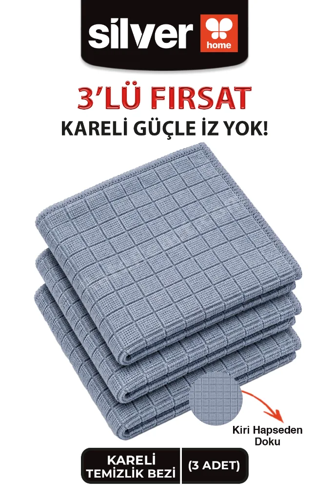 Universal Kareli Mikrofiber Temizlik Bezi 3’lü 40x40 Cm Süper Emici Çok Amaçlı Gri