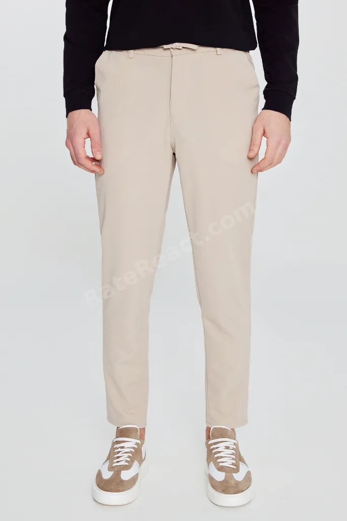 Erkek Bej Slim Fit Dar Kesim Beli Bağlamalı Yan Cepli Casual Jogger Pantolon