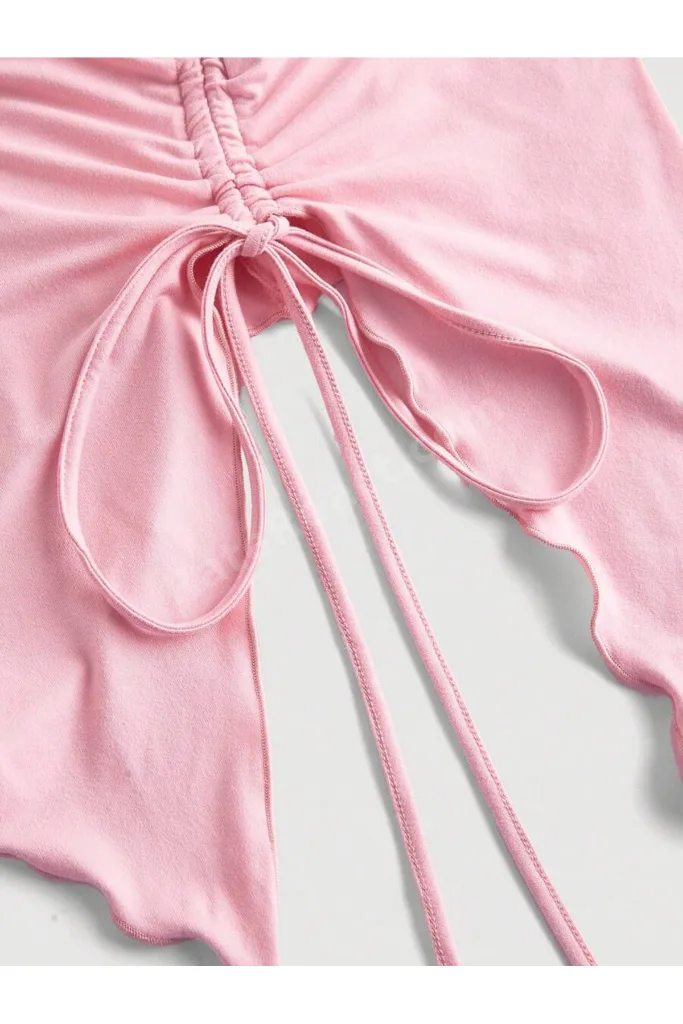 Pembe Asimetrik Likralı Yan Büzgülü Yazlık Bluz, Toz Pembe Straplez, Askısız Esnek Şeker Pembe Crop
