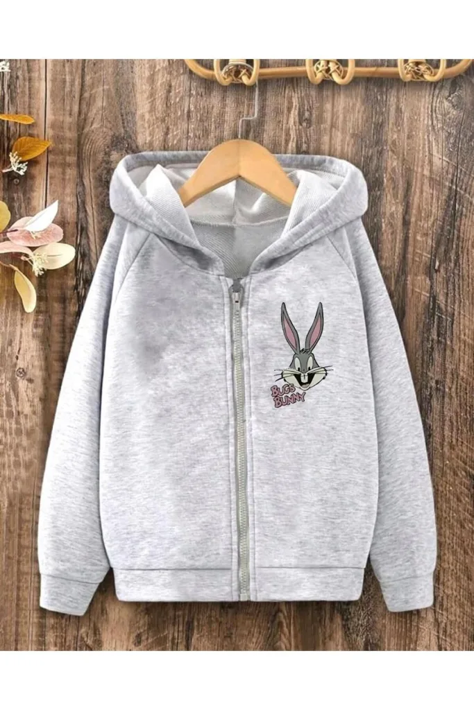 Bugs Bunny Pamuklu Çocuk Fermuarlı Hırka - Gri Baskılı Kız Erkek Çocuk Kışlık Kapüşonlu