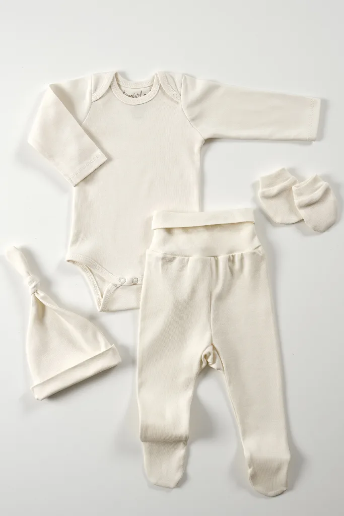 Pure 4 Parça Bebek Uzun Kollu Pamuk Bodysuit Pijama Takımı Yenidoğan Mini Set Çocuk Hediye Seti