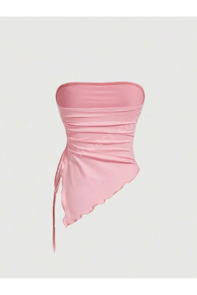 Pembe Asimetrik Likralı Yan Büzgülü Yazlık Bluz, Toz Pembe Straplez, Askısız Esnek Şeker Pembe Crop