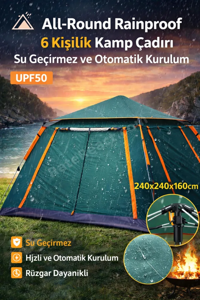 6 Kişilik Tam Otomatik Kamp Çadırı 240x240x160 cm Su Geçirmez , Gölgelikli Kolay Kurulum Çadır