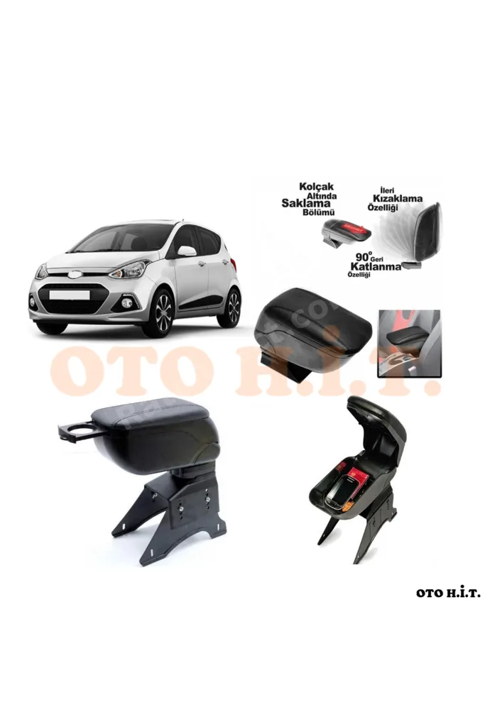 HYUNDAİ İ10 MK1 Uyumlu Kol Dayama Ve Kolçak Sürgülü Bardaklıklı Ayarlanabilir Siyah Deri