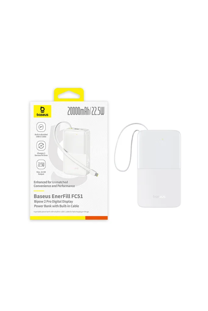 EnerFill Bipow2 Pro 20000mAh Dahili USB-C Kablolu, 22,5 W Hızlı Şarjlı, LED Ekranlı Powerbank