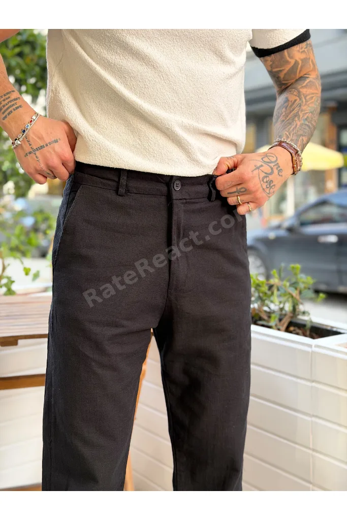 Regular Kalıp Keten Pantolon Siyah