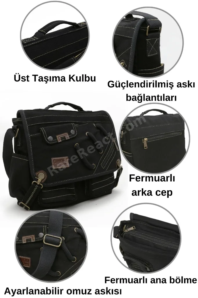 4017 Siyah 14" Laptop Pamuk Gabardin Postacı Okul Çantası Unisex Kilitli Çok Cepli Omuz Askılı