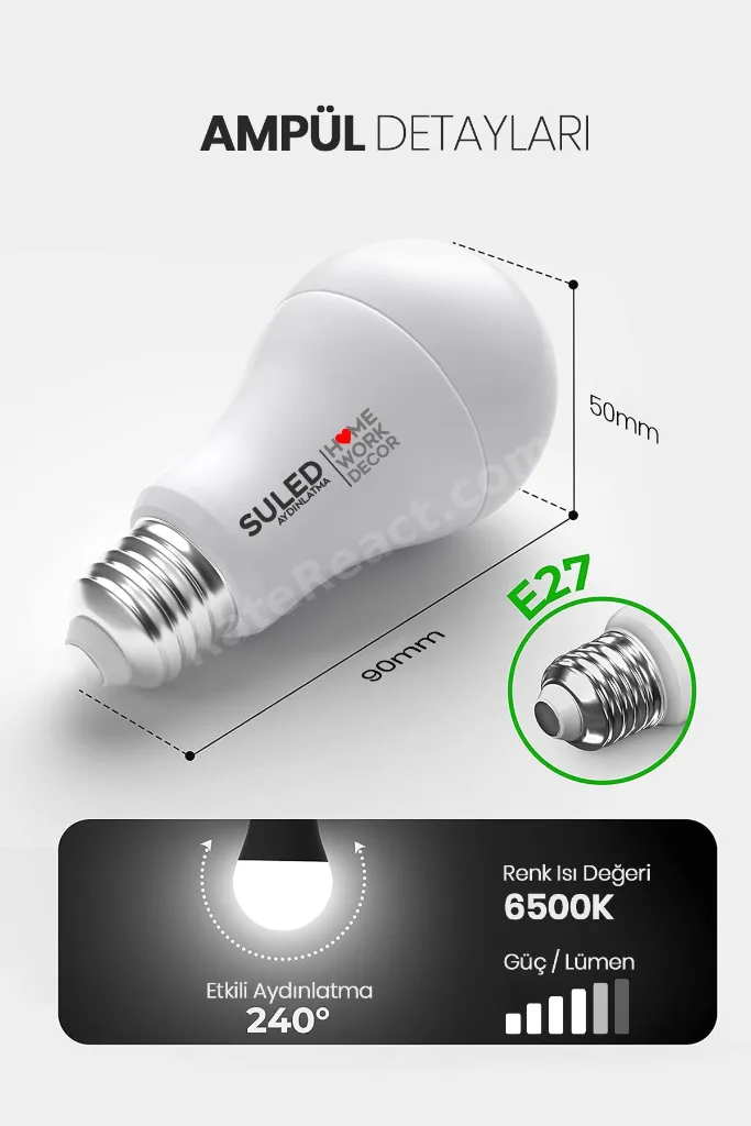 12w Led Ampül 10'lu Paket E27 Beyaz Işık Güçlü Aydınlatma Smd Led 6500k Tasarruflu Lamba