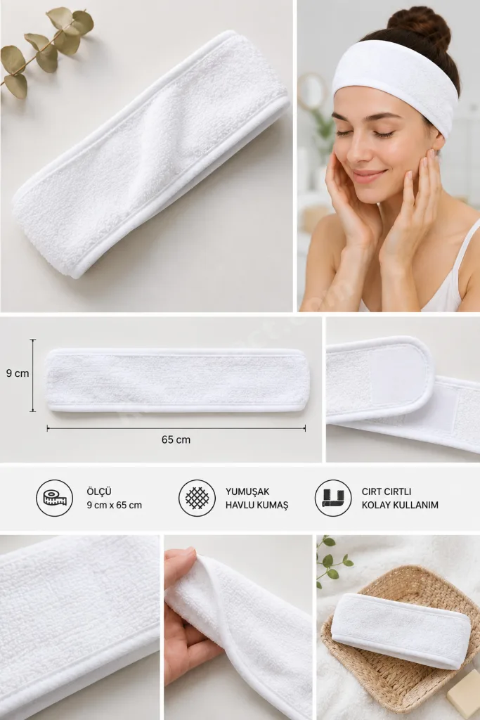 3’lü Set Cırt Cırtlı Beyaz Havlu Saç Bandı Unisex – Makyaj, Cilt Bakımı, Spa & Yoga İçin Ayarlanabilir Yumuşak Bandana (9x65 cm)