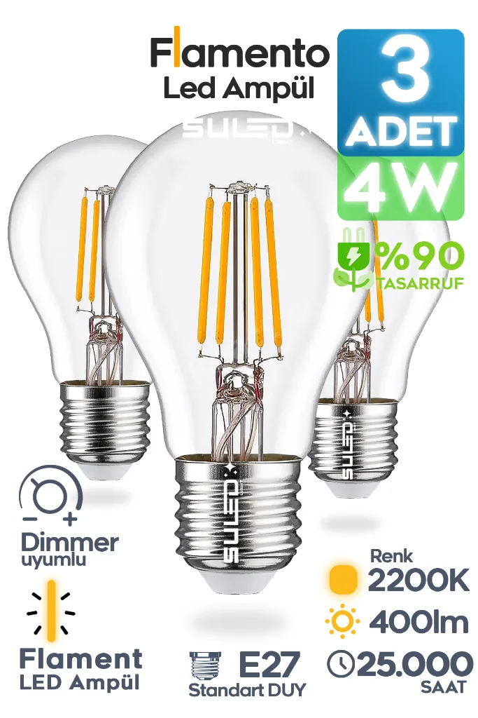 Flamento Rustik Ampül E27 Duy 220V Dimmer Uyumlu %90 Tasarruflu Ev Cafe Aplik Abajur Tavan Ampül