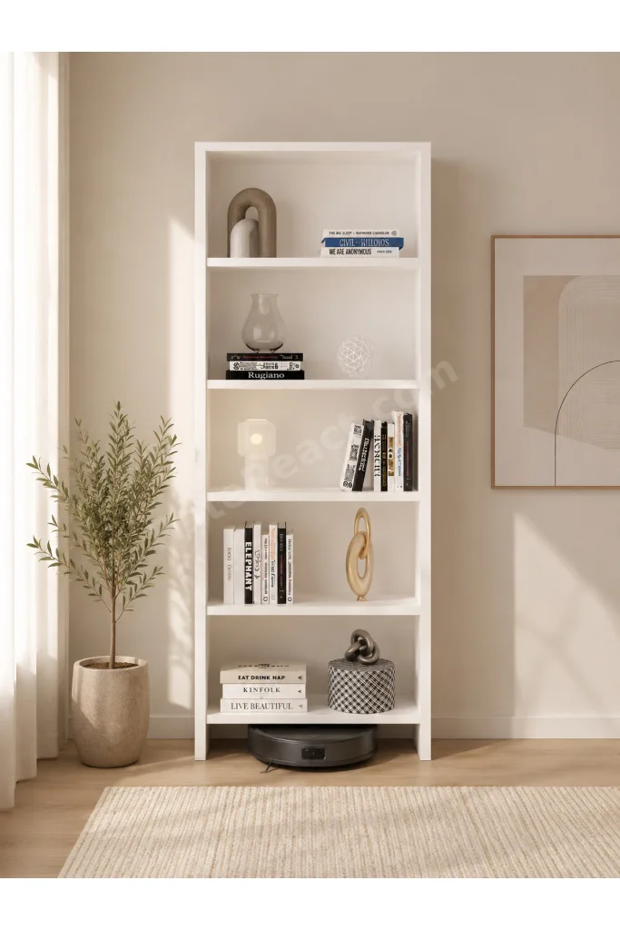 Modern Açık Raf Salon Kitaplığı - 162 cm Dekoratif Aksesuar ve Kitap Düzenleyici, Robot Süpürge Uyumlu 5 Bölmeli Düzenleyici