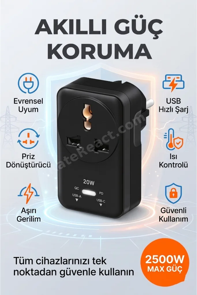 20WPD Hızlı Şarjlı Akım Korumalı Evrensel Priz Dönüştürücü Siyah USB-C & USB-A Çıkışlı 2500W