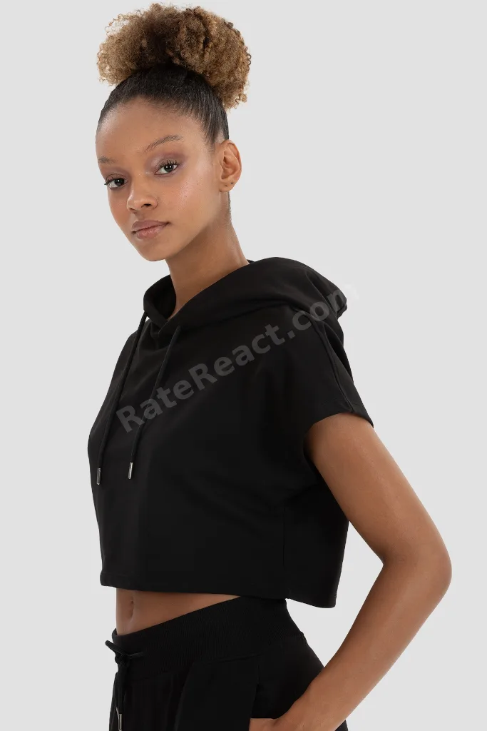 Alice Kapüşonlu Kısa Kollu Siyah Crop Sweatshirt