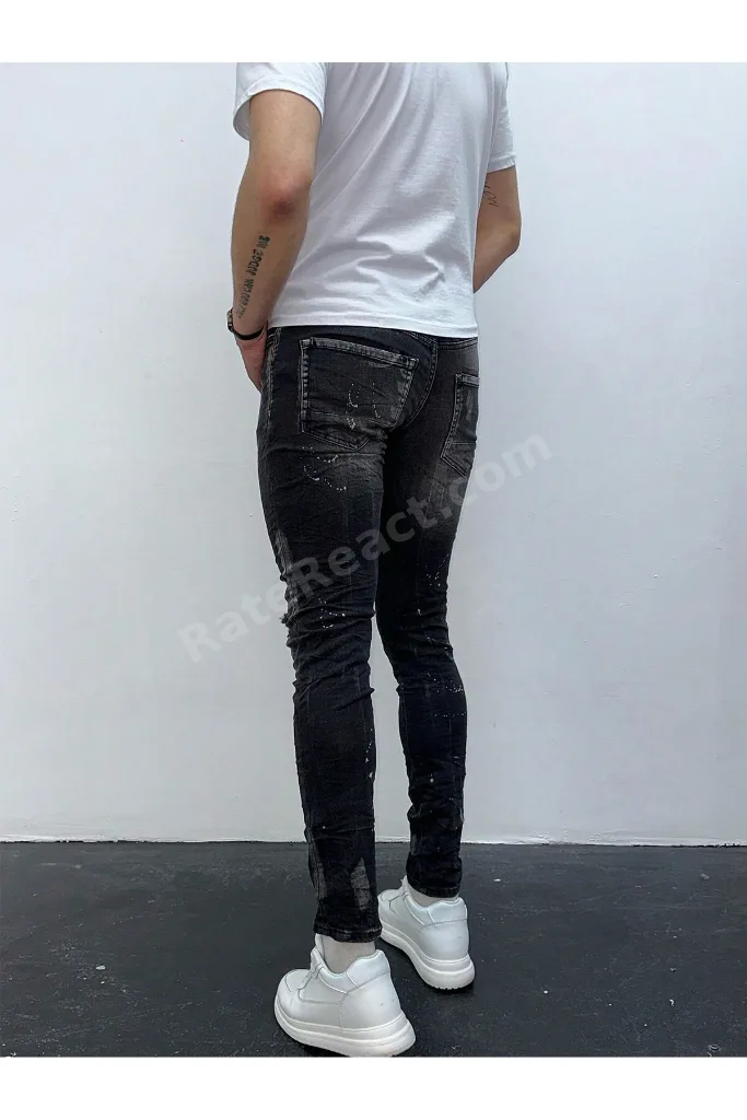 Erkek Füme Yazı Baskılı Yırtık Detay Slim Fit Skinny Jean Pantolon