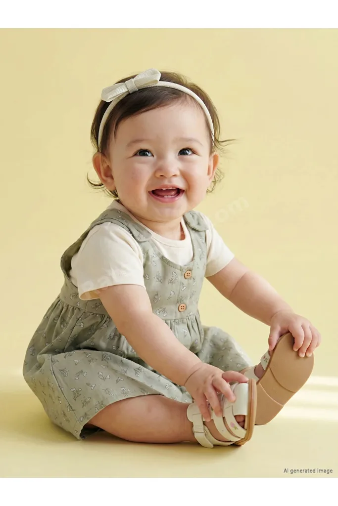 Yeşil Çiçek Desenli Kız Bebek Elbise