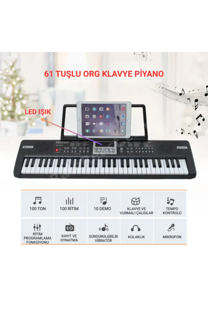 61 Tuşlu Elektronik Org Piyano Stantlı Mikrofonlu Çocuk Adaptör Ritimli Demolu Keyboard