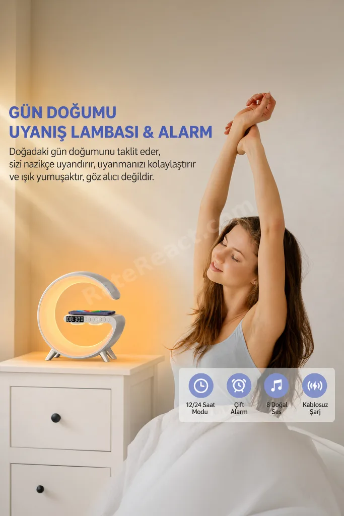 Bluetooth Hoparlör Kablosuz Şarjlı Saat Masa Lambası 3in1 G1 Beyaz