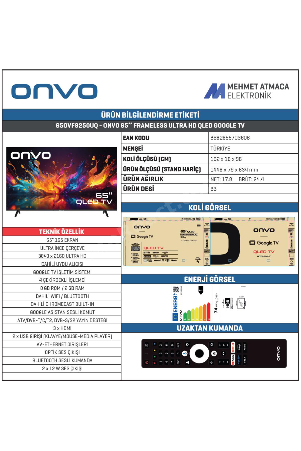 65OVF9250UQ 65" 165 Ekran Uydu Alıcılı 4K Ultra HD Google Smart QLED TV
