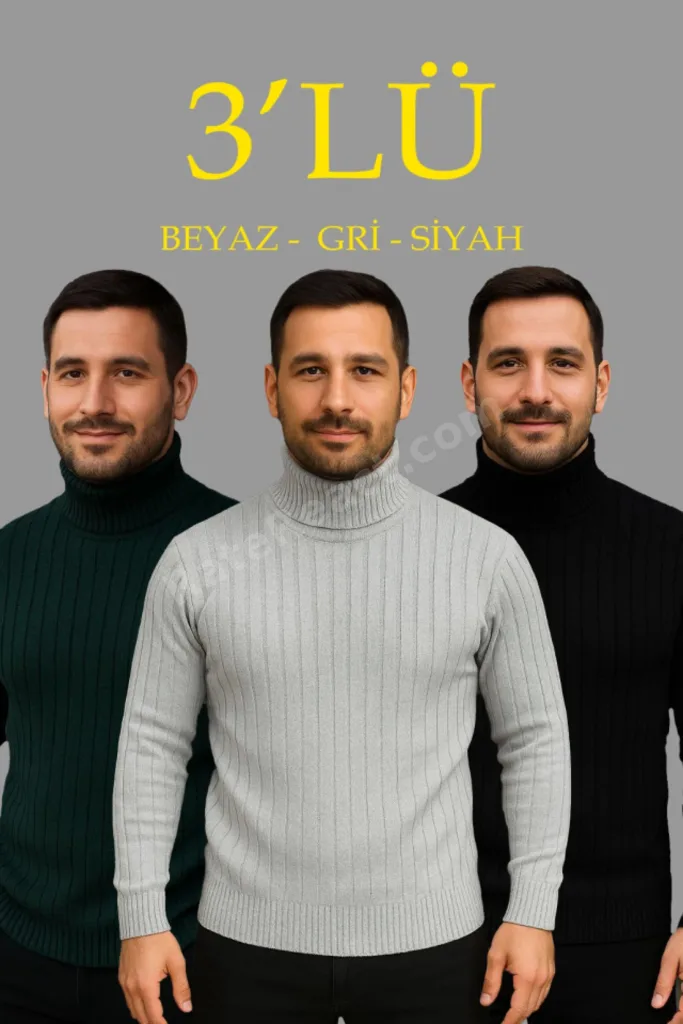 Erkek Fitilli Triko Kazak 3lÜ Set Gri Haki Siyah Regular Balıkcı Yaka Tam Boğazlı Triko Seti Modeli