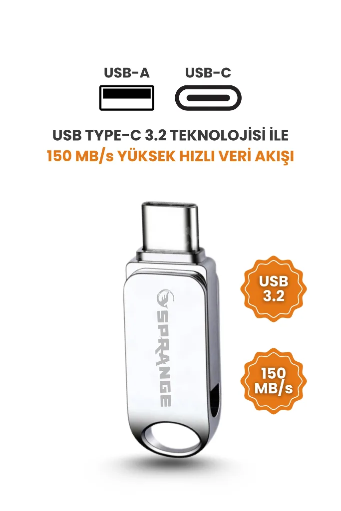 Sprange 64 Gb Flash Bellek Usb 3.2 Ultra Typec Otg Android/Pc/İphone 15/16/17 IPAD Tak Çalıştır