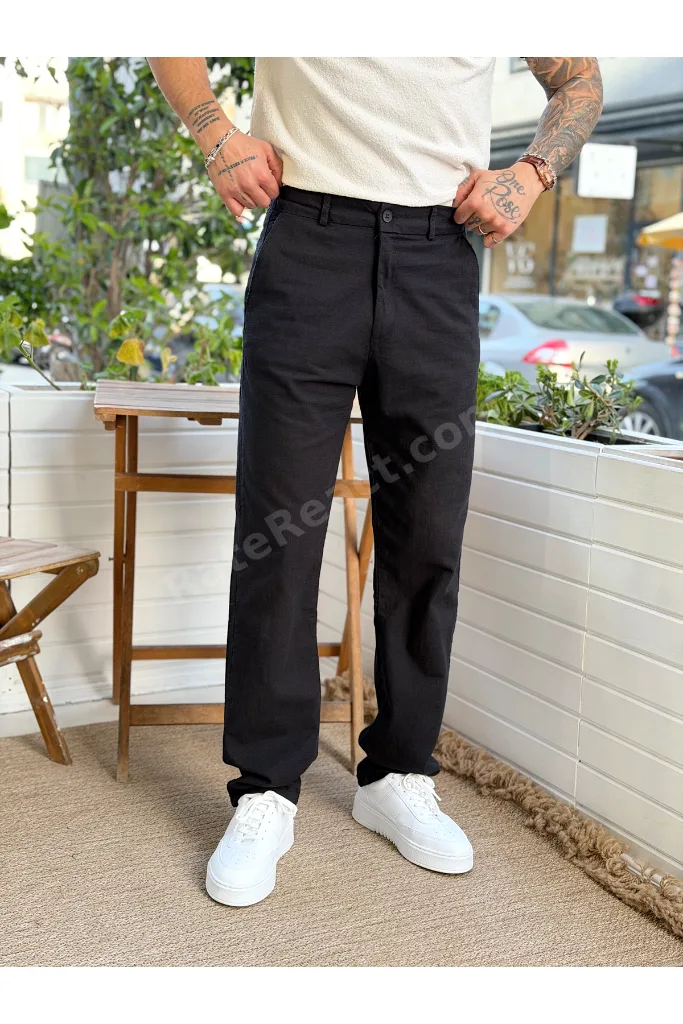 Regular Kalıp Keten Pantolon Siyah