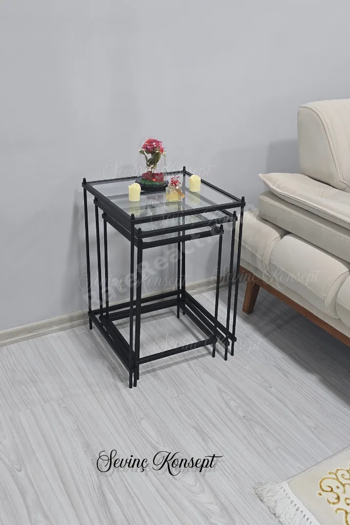 3 lü Vera Black Şeffaf Camlı, Çok Amaçlı Metal Zigon Yan Sehpa