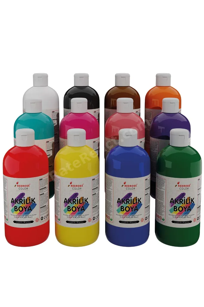 Tüm Renkler Akrilik Boya Seti, 12'li Set 12x500gr Dekoratif Hobi Amaçlı Sanatsal Canlı Renkler