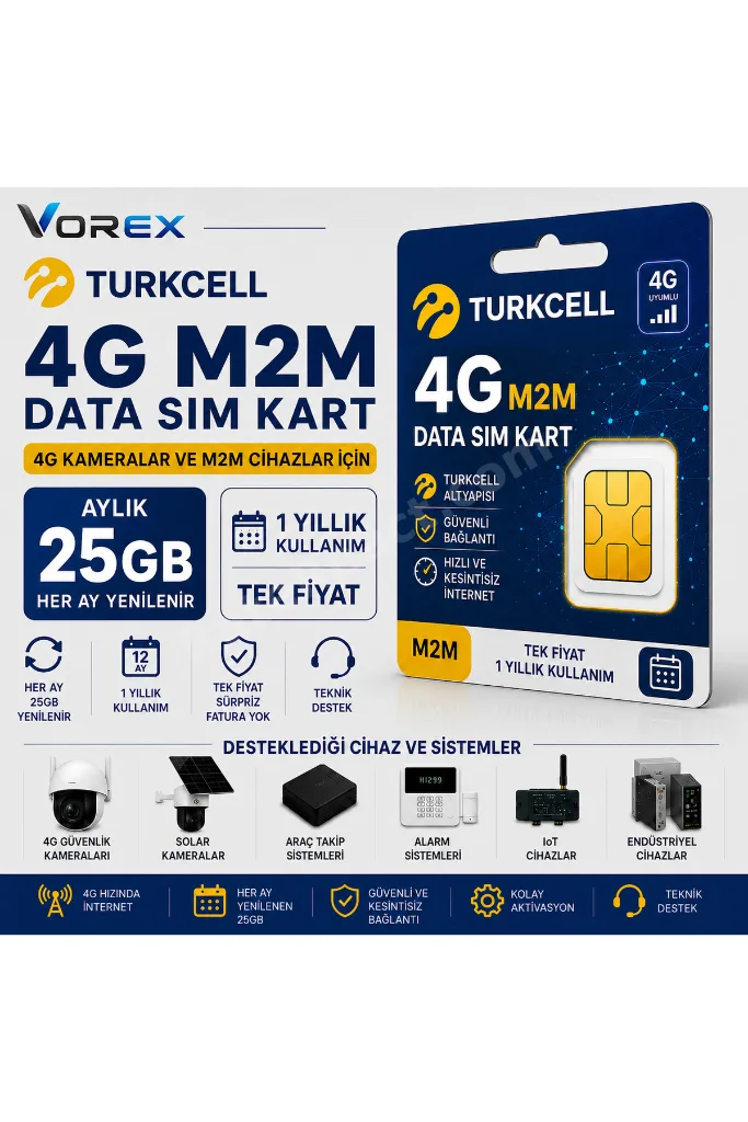 Turkcell 4G M2M Data SIM Kart 25GB Aylık | 1 Yıllık LTE Veri Hattı Kamera IoT Araç Takip