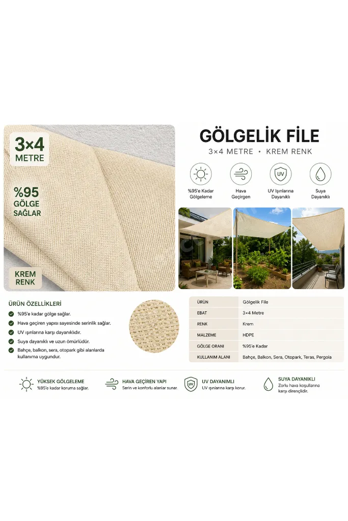 3x4 Metre Krem Gölgelik File %95 Gölgeleme UV Dayanıklı Balkon Bahçe Pergola Filesi