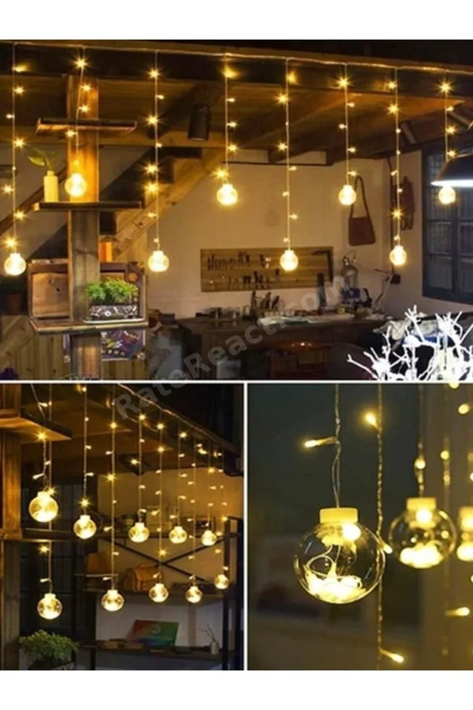 Dekoratif Işıklı Saçaklı Top Perde Led Fişli 8 Fonksiyonlu Günışığı