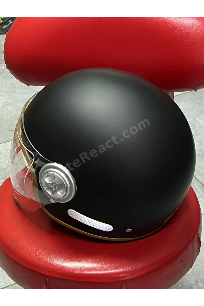Retro Açık Motosiklet Kaskı - Mat Siyah Kahverengi Deri Detaylı Şeffaf Vizörlü Scooter Kaskı
