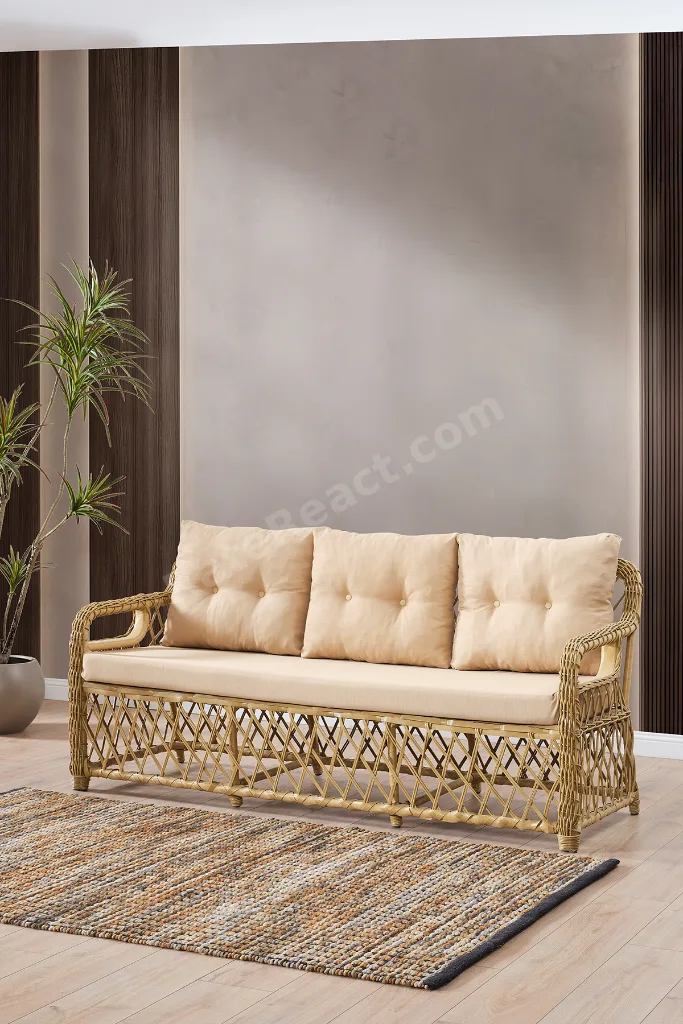 Edra Rattan Puflu Bahçe Balkon Takımı 3+1+1+Camlı Masa Cappuccino