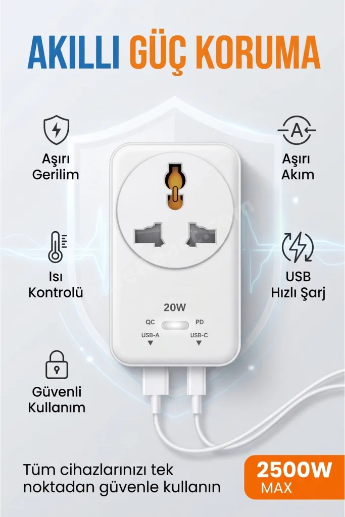 20WPD Hızlı Şarjlı Akım Korumalı Evrensel Priz Dönüştürücü Beyaz USB-C & USB-A Çıkışlı 2500W