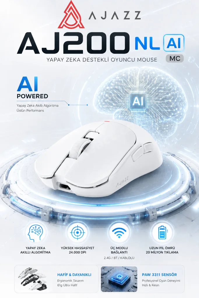 Aj200 NL AI Yapay Zeka Sesli Komut Destekli Near-Link 3 Modlu Kablosuz Oyuncu Mouse