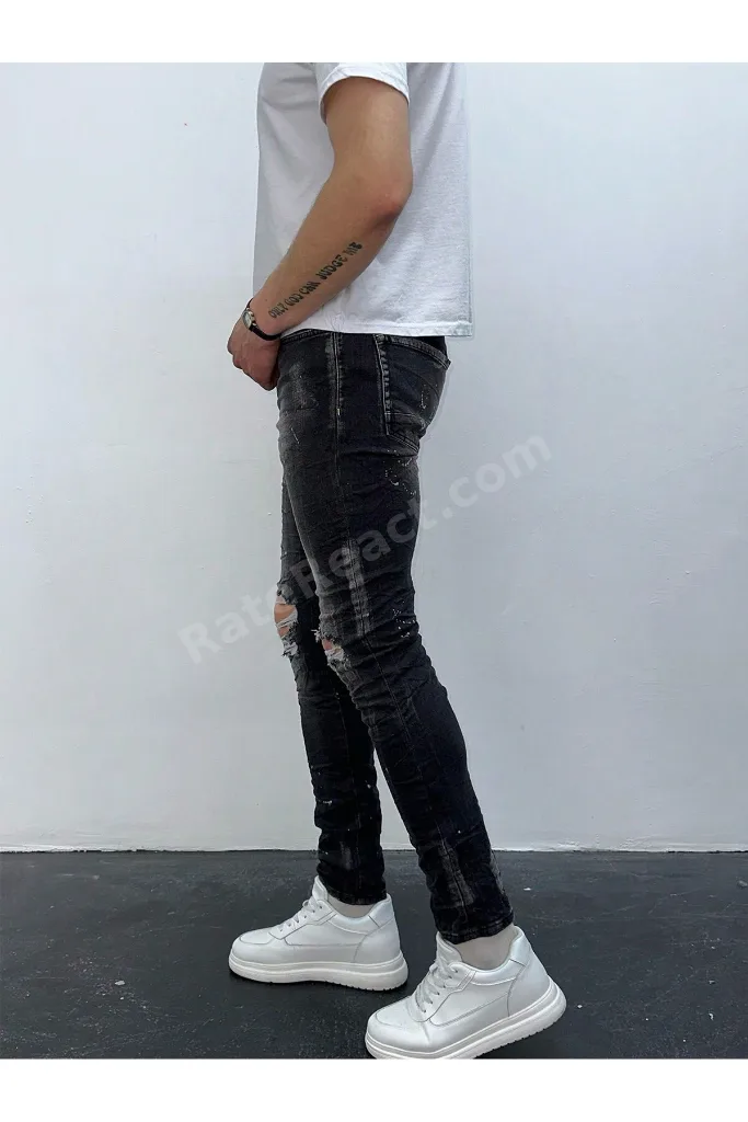 Erkek Füme Yazı Baskılı Yırtık Detay Slim Fit Skinny Jean Pantolon