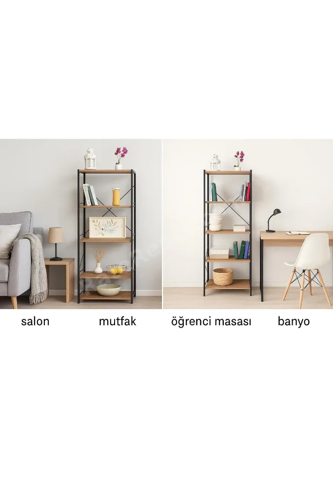 Metal Gövdeli 5 Raflı Ahşap Kitaplık Ofis Ev Raf Sistemi Dekoratif Dosya Rafı