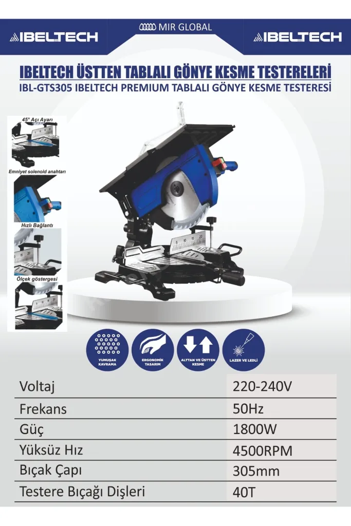 IBL-GTS305 Gönye Kesme Makinesi 305mm 1800W | Üstten Tablalı | Lazerli | Profesyonel Kesim Testeresi
