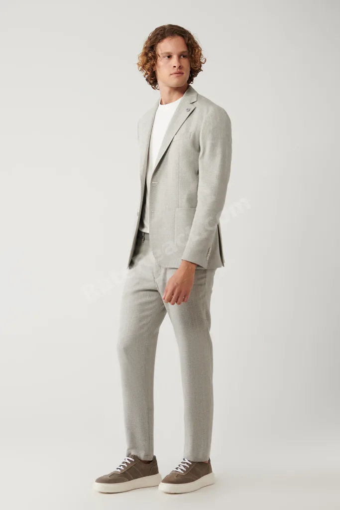 Erkek Gri Astarsız Keten Karışımlı Lightweight Comfort Slim Fit Ceket A41Y4029