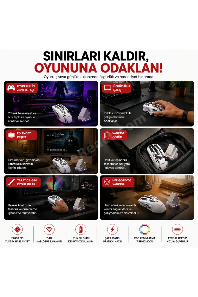RGB Gaming Mouse 24000 DPI Kablosuz 2.4G Bluetooth Type-C Şarjlı Oyuncu Mouse
