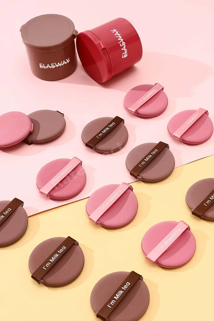 7’li Yuvarlak Pudra Pufu Makyaj Süngeri Seti Islak/Kuru Parmak Bantlı Kutulu – Strawberry Pembe
