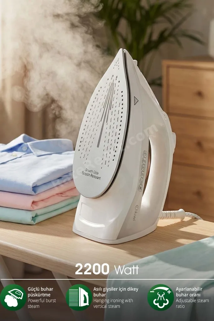 KSI-6344 Buharlı Ütü | 2200 Watt, Seramik Taban, 90g Şok Buhar, 220ml Su Haznesi Beyaz