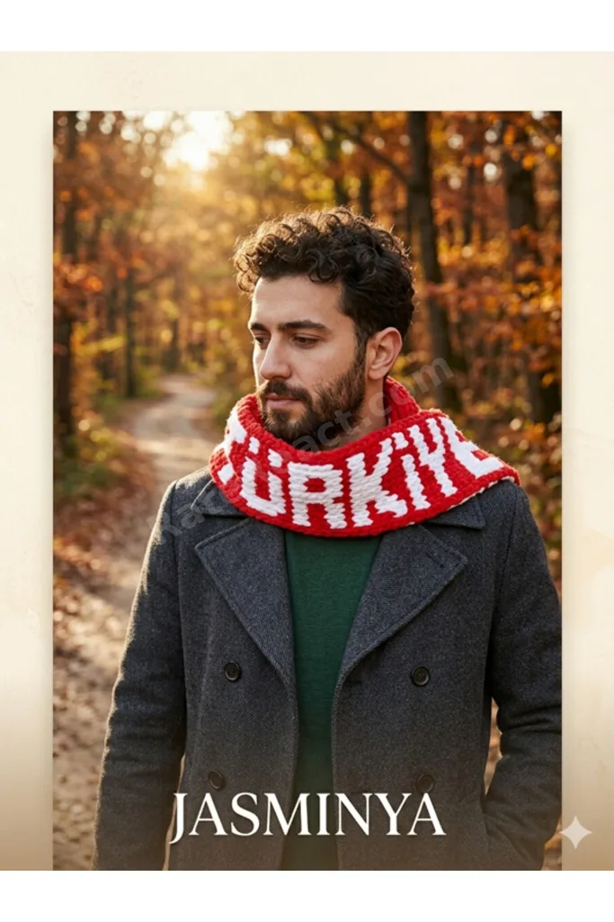 Örgü Puffy Kırmızı Beyaz Türkiye Yazılı Atkı (Taraftar Atkı Milli Takım)