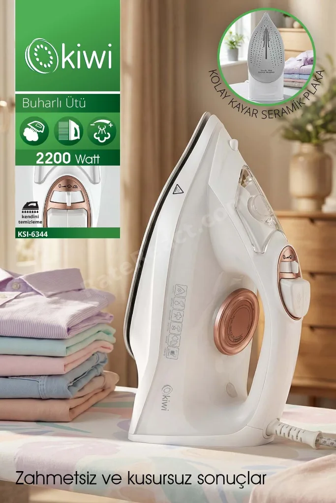 KSI-6344 Buharlı Ütü | 2200 Watt, Seramik Taban, 90g Şok Buhar, 220ml Su Haznesi Beyaz